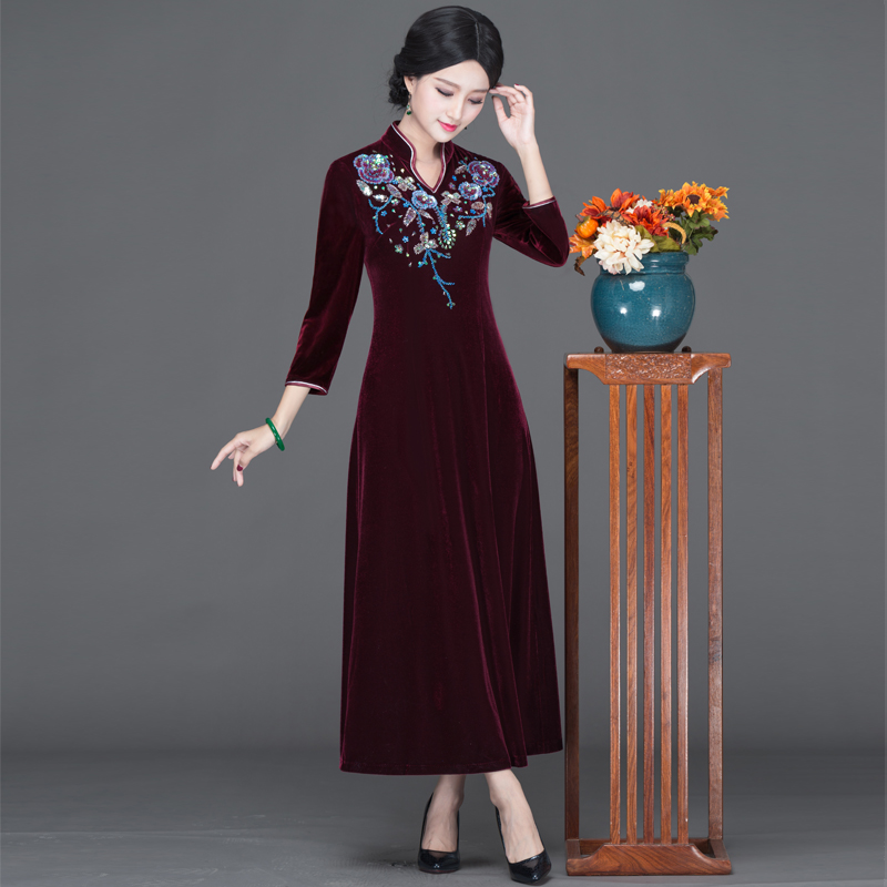 Evening dress, classic clothing, velvet long cheongsam, 2018, maxi length
