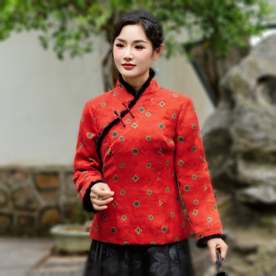 华族经典旗袍上衣改良夹棉保暖红云纱中式高端红色女士唐装251001