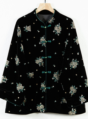 华族经典唐装中国风女装手工钉珠真丝丝绒民国改良旗袍外套250835