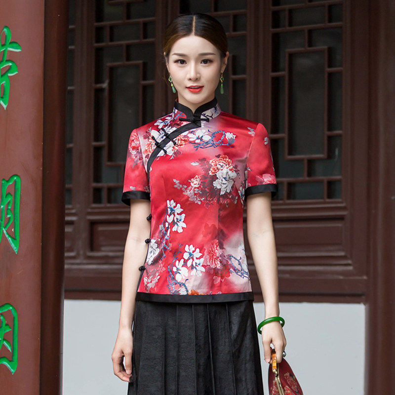 华族经典唐装女夏中式复古开襟盘扣修身显瘦优雅气质短款短袖旗袍