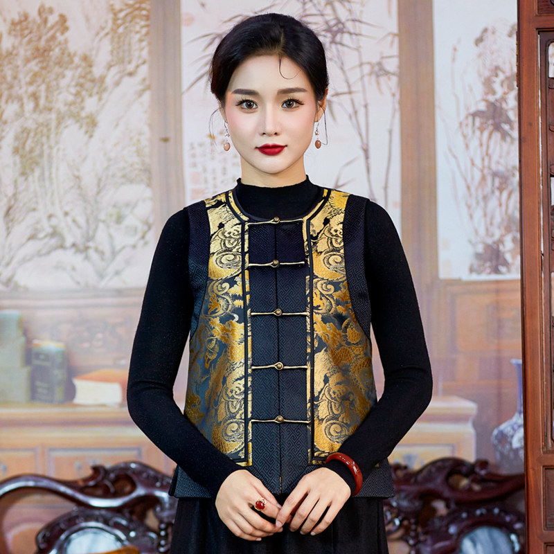 华族经典小温柔马甲女2023冬季夹棉加厚中式对襟唐装上衣外穿背心