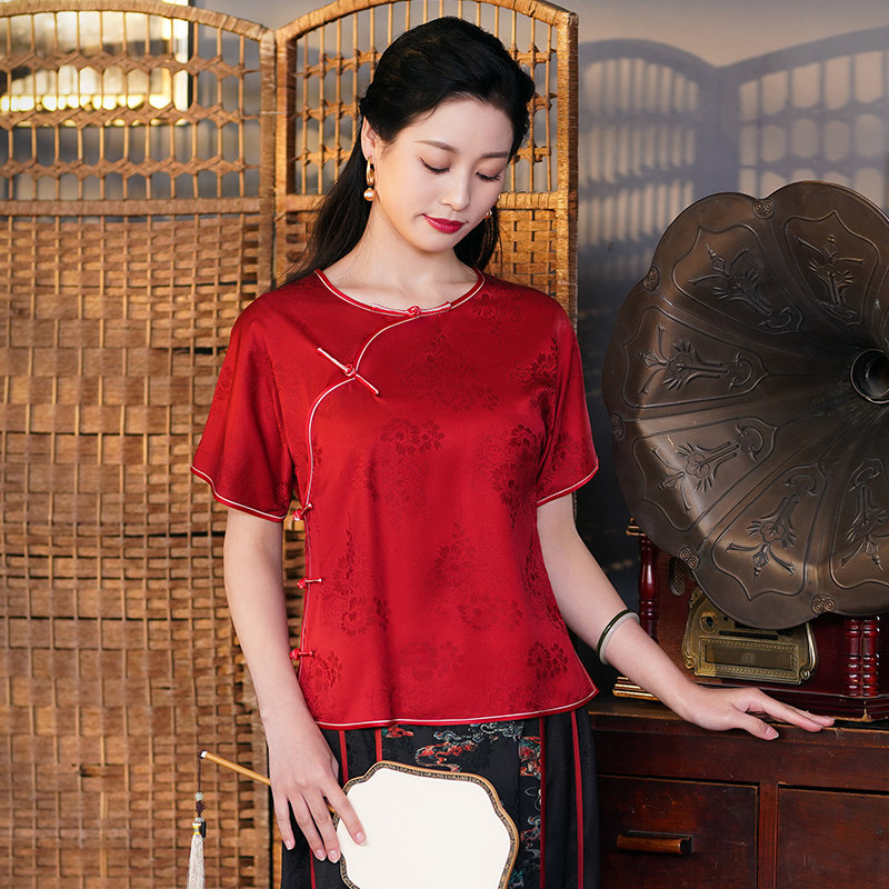 华族经典改良圆领唐装上衣女时尚优雅纯色提花罗显瘦红色短款旗袍