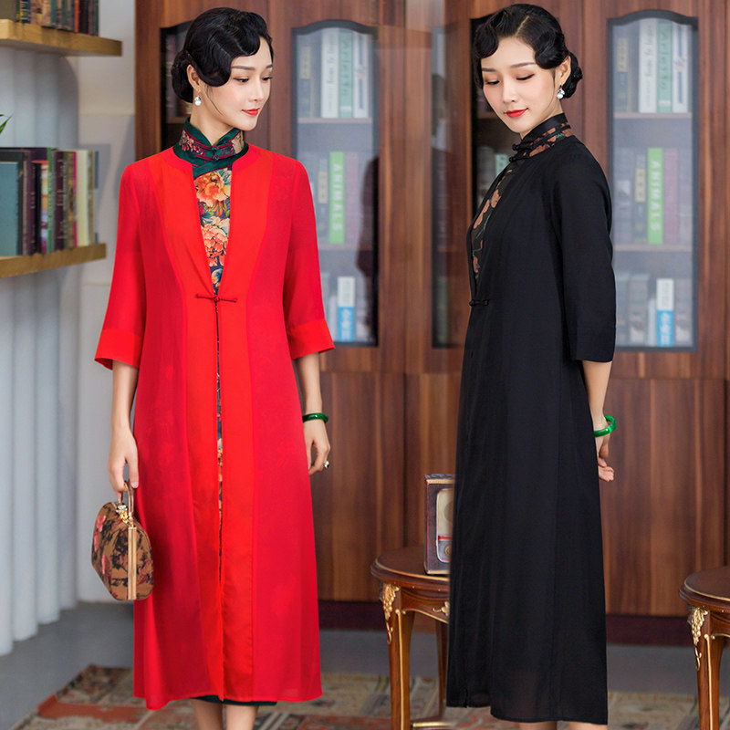 华族经典雪纺开衫披肩外搭夏季新款旗袍百搭气质中长款超仙防晒衣