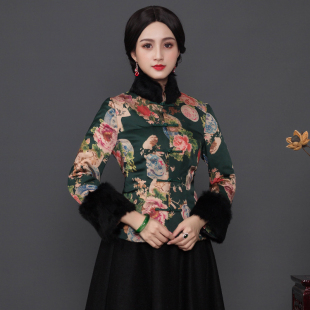 旗袍式上衣加厚毛领2025冬季新款改良对襟盘扣修身显瘦唐装棉袄女