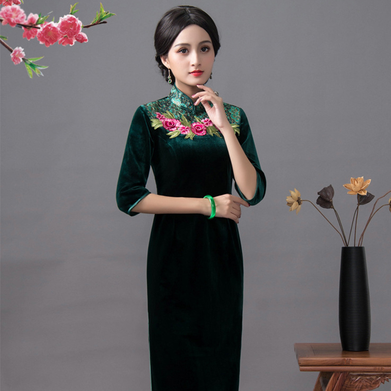 华族经典开衩改良日常金丝绒旗袍