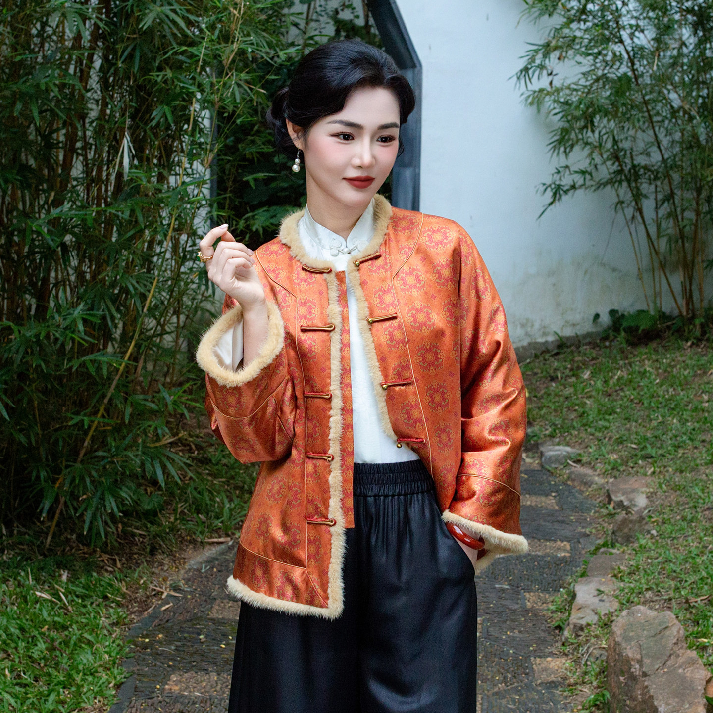 华族经典中式上衣花颜锦色复古高端夹棉加厚真丝香云纱唐装外套女
