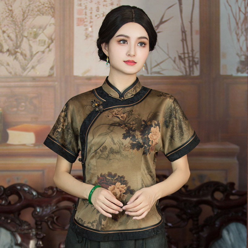 华族经典40姆米香云纱唐装女高端中国风中式旗袍短袖上衣水墨云烟