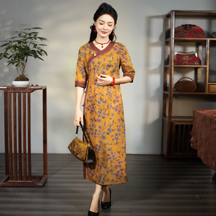 华族经典日常旗袍复古民国风改良圆领开襟盘扣气质淑女黄色连衣裙