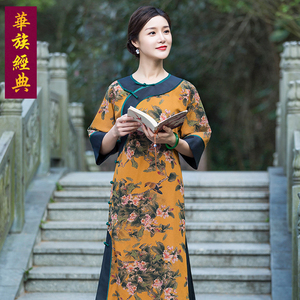 华族经典百花语香云纱旗袍改良版连衣裙中长款复古宽松大码大衫