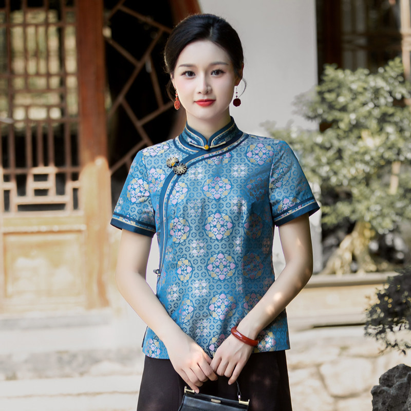 华族经典贵槿非遗真丝宋锦唐装短款复古中国风旗袍上衣上衣女夏季