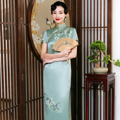 华族经典 旗袍复古民国老上海优雅气质高端刺绣绣花醋酸缎祺袍长款