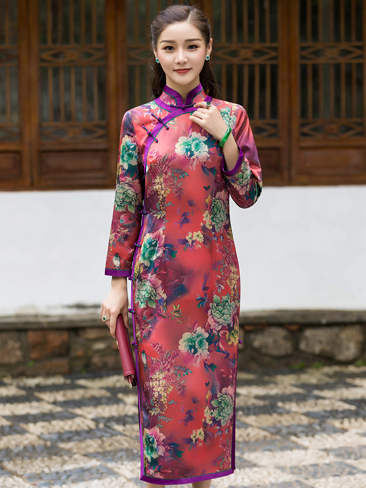 Classic demi-season retro elegant long cheongsam, skirt, Chinese style, fitted, maxi length