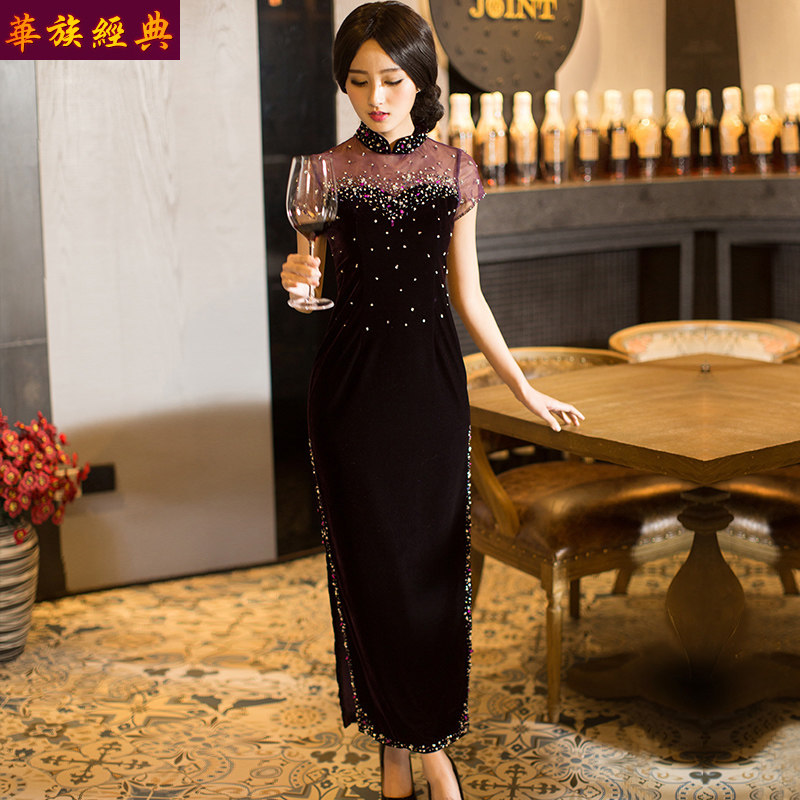 华族经典钉珠长款旗袍裙日常宴会