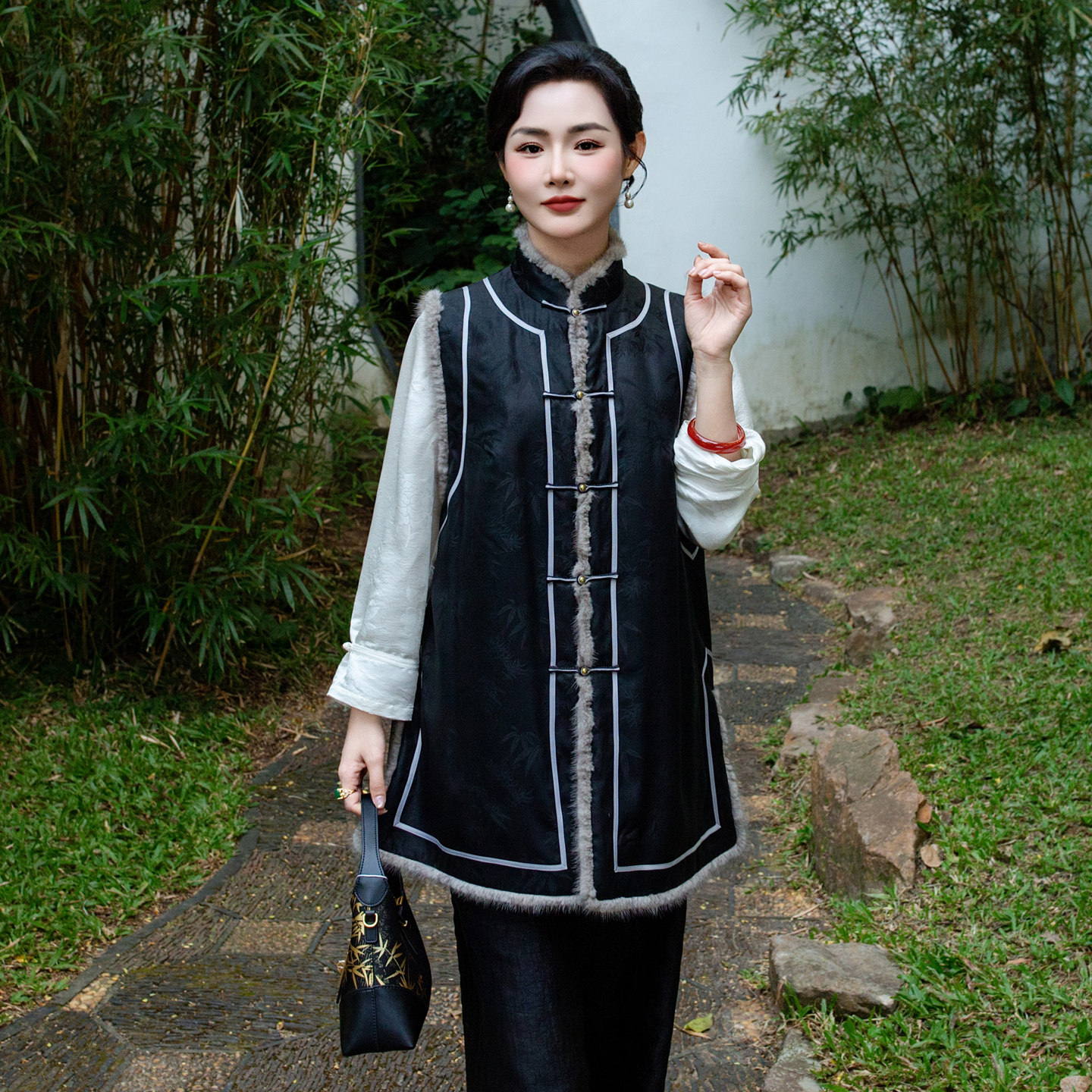 华族经典锦月冬安桑蚕丝香云纱新提花中式保暖加厚夹棉马夹中长款