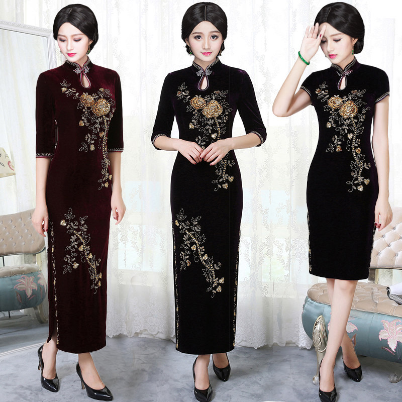 老上海丝绒旗袍裙高档手工钉珠长款走秀表演大码妈妈装旗袍秋冬装,女装/女士精品,旗袍,淘宝优惠券,粉丝福利购,淘宝优惠卷