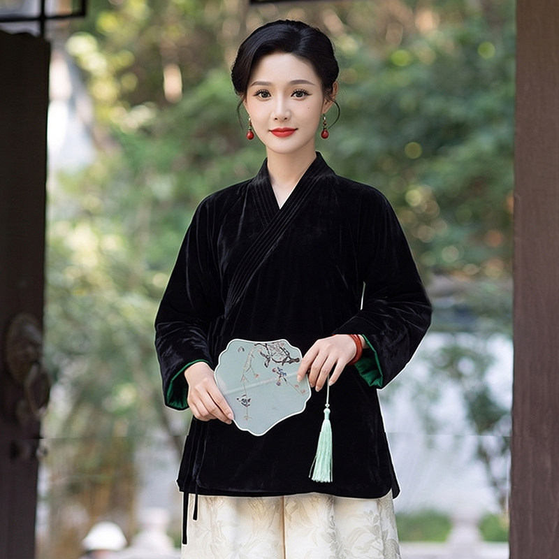 华族经典唐装中国风女装真丝绒黑色加厚新中式高端上衣外套251018