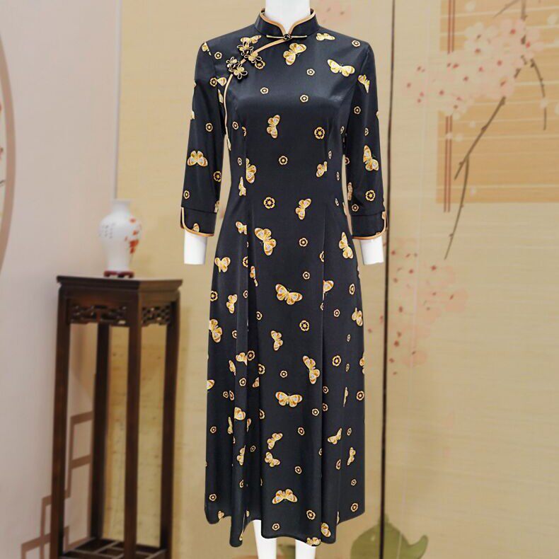 华族经典真丝桑蚕丝日常修身长款长袖旗袍连衣裙