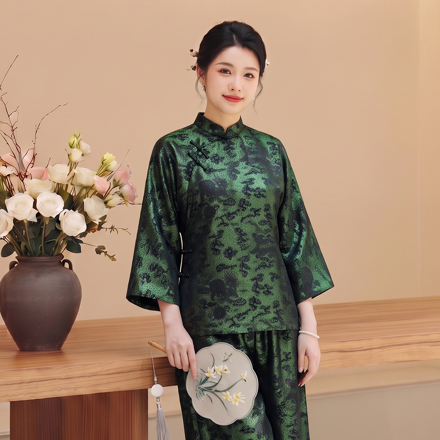 华族经典盘扣上衣桑蚕丝斜襟新中式国风开襟日常气质优雅唐装女