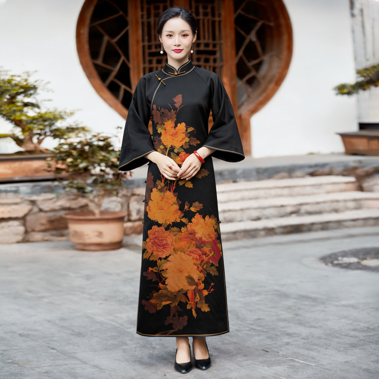 华族经典2026秋季新款重缎真丝香云纱定位花复古传统旗袍长款女