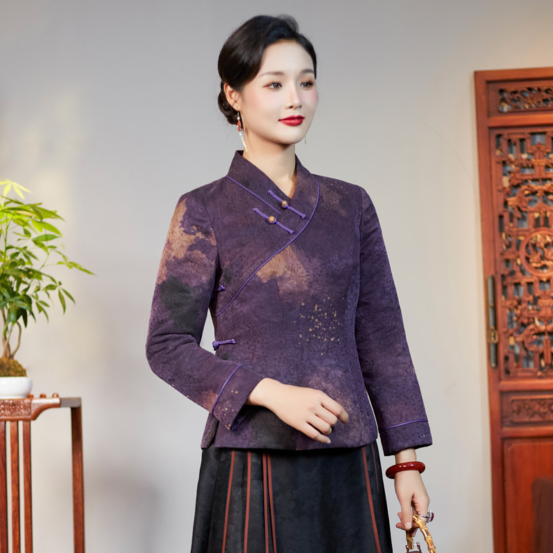 华族经典紫欣娴雅唐装女中国风高端香云纱夹棉加厚盘扣旗袍上衣冬