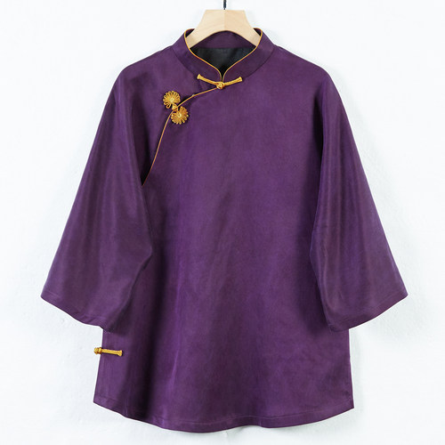 华族经典女士唐装重锻香云纱中式立领紫色斜襟盘扣高端上衣250622