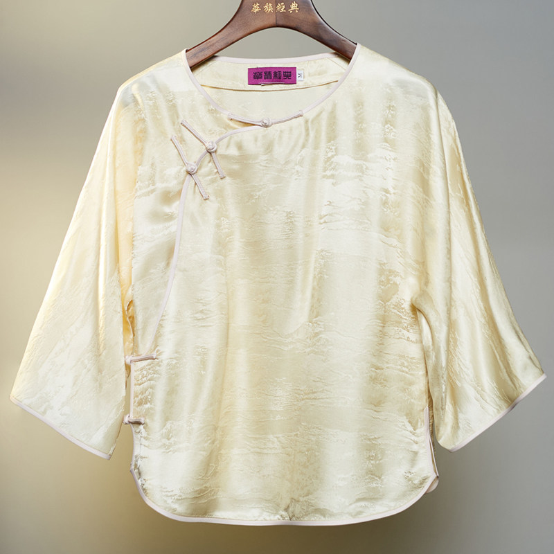 华族经典旗袍唐装桑蚕丝改良圆领皓月中式宽松中国风提花上衣女夏