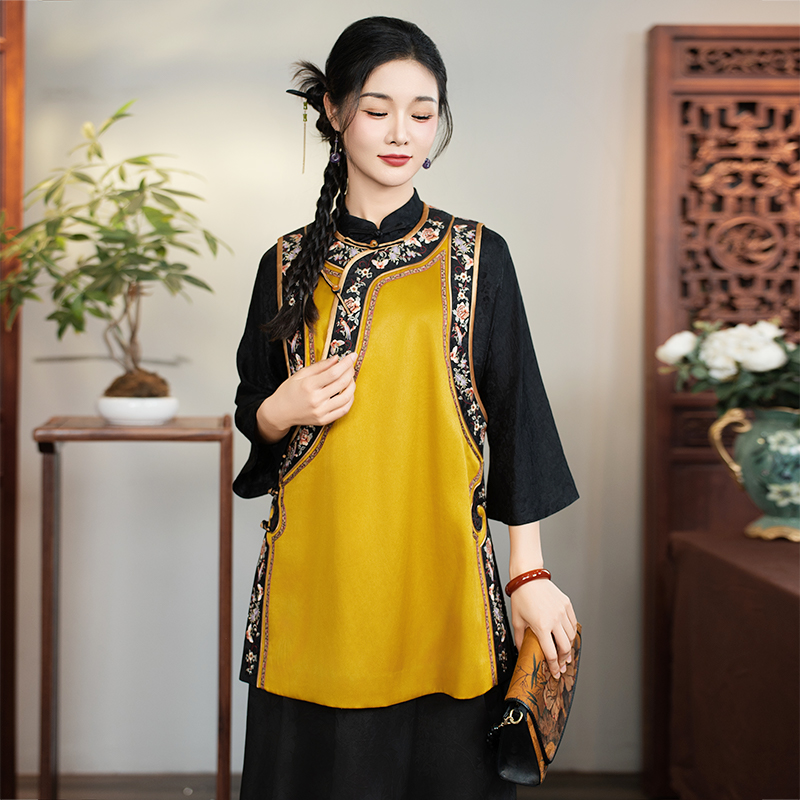 华族经典桑蚕丝50姆香云纱新中式高端手推绣复古中长款马甲250635