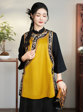 华族经典桑蚕丝50姆香云纱新中式高端手推绣复古中长款马甲250635