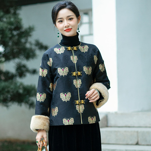 华族经典翩然记梦桑蚕丝宋锦高端夹棉加厚唐装上衣外套女短款冬