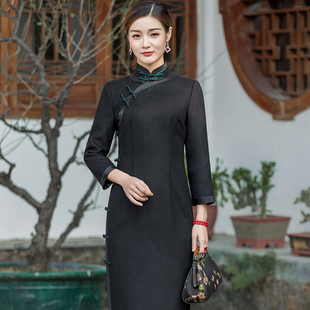 华族经典真丝羊毛旗袍长款中式复古老上海气质优雅2025秋冬新款