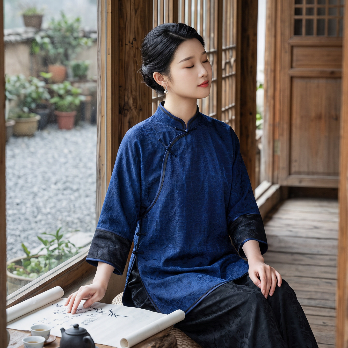 华族经典斜襟上衣新中式宽松中长款香云纱盘扣国风唐装太太服女
