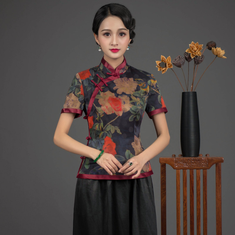 旗袍款上衣女短袖新款高档气质淑女复古风盘扣全开襟女士唐装上衣