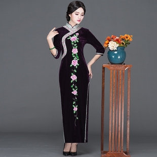 改良名媛淑女旗袍金丝绒长款 显瘦手工钉珠宴会演出走秀旗袍裙 大码