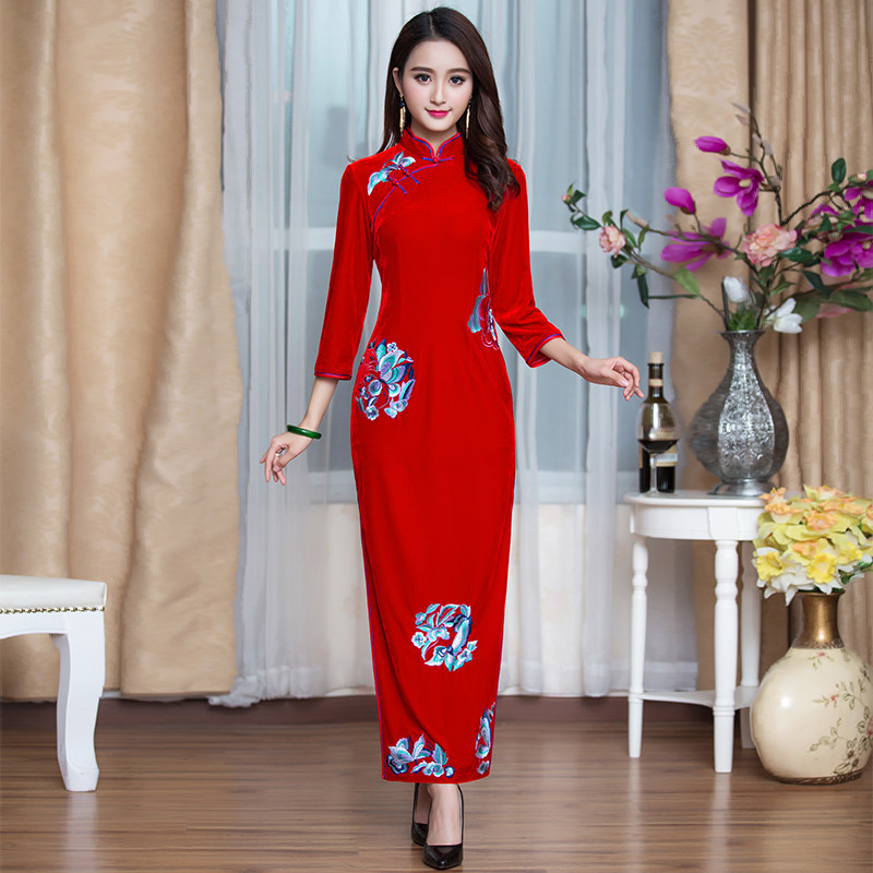 华族经典金丝绒旗袍长款 大码妈妈旗袍礼服 婚宴结婚2023春秋新款