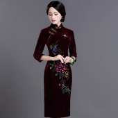 中长款 金丝绒旗袍妈妈装 改良宴会礼服连衣裙女秋冬装 天天特价