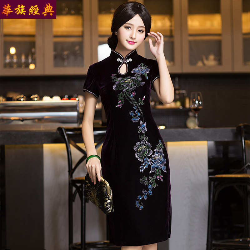 华族经典中式礼服金丝绒旗袍连衣裙改良时尚复古大码手绘显瘦高贵
