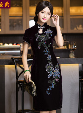 华族经典中式礼服金丝绒旗袍连衣裙改良时尚复古大码手绘显瘦高贵