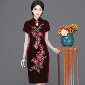 走秀演出宴会礼服女秋 改良修身 华族经典 高档绣花金丝绒旗袍裙长款
