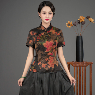华族经典（一见钟情）香云纱唐装上衣女短袖复古盘扣中式旗袍上衣