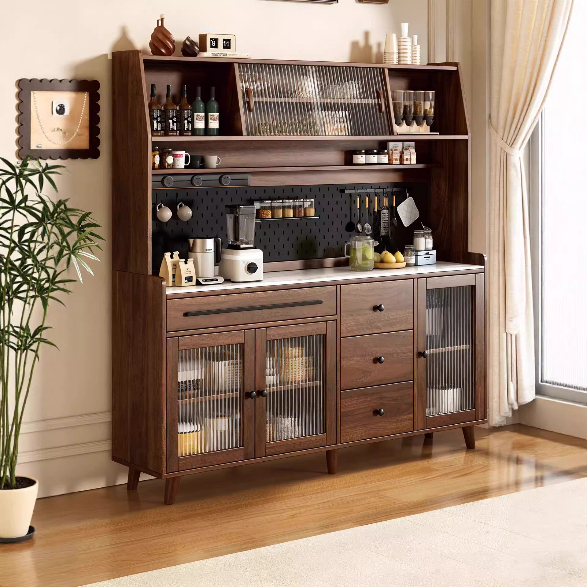 餐边柜靠墙一体储物柜中古风收纳柜岩板橱柜客厅咖啡柜酒柜茶水柜