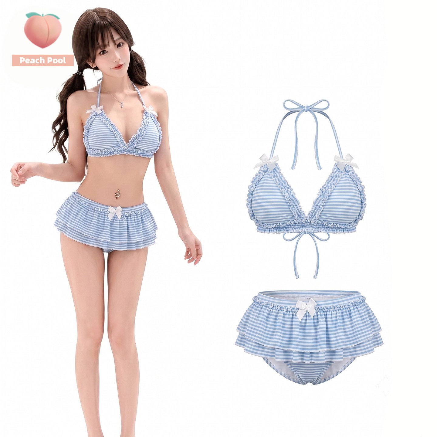 二次元动漫蓝白条纹日系可爱少女甜妹小胸聚拢裙式比基尼分体泳衣