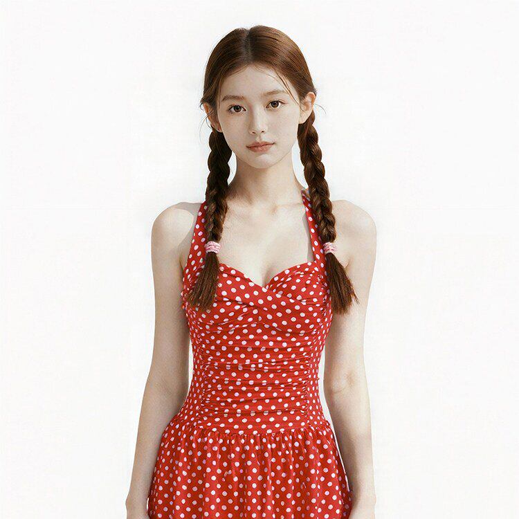 【红色浆果】法式可爱少女波点挂脖连体泳衣小胸遮肚显瘦度假风