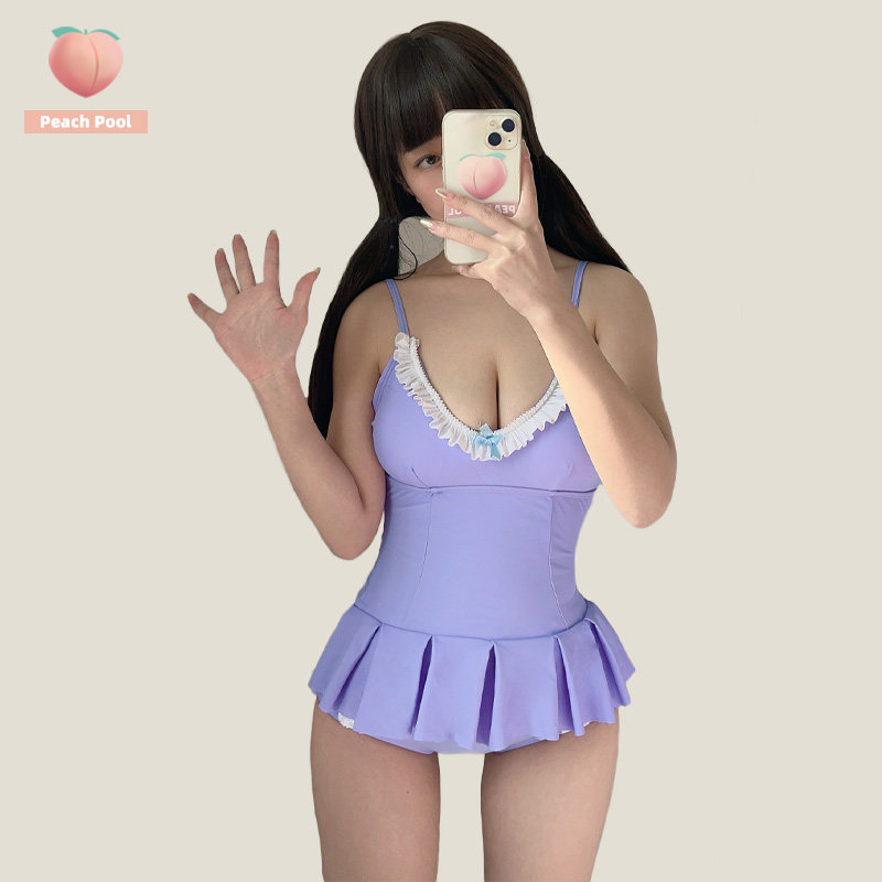 日系可爱少女甜美紫色荷叶边小胸聚拢保守温泉度假泳装分体泳衣