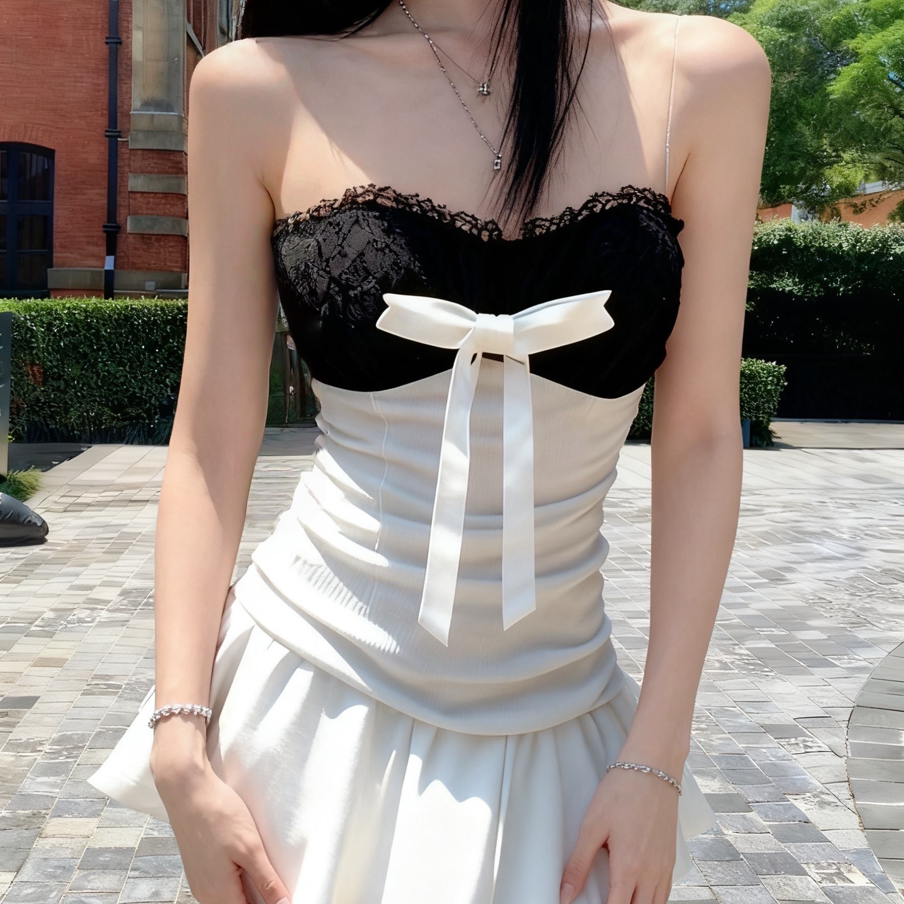 【白色蝴蝶结】性感辣妹拼色蕾丝抹胸连体泳衣女小胸聚拢修身显瘦