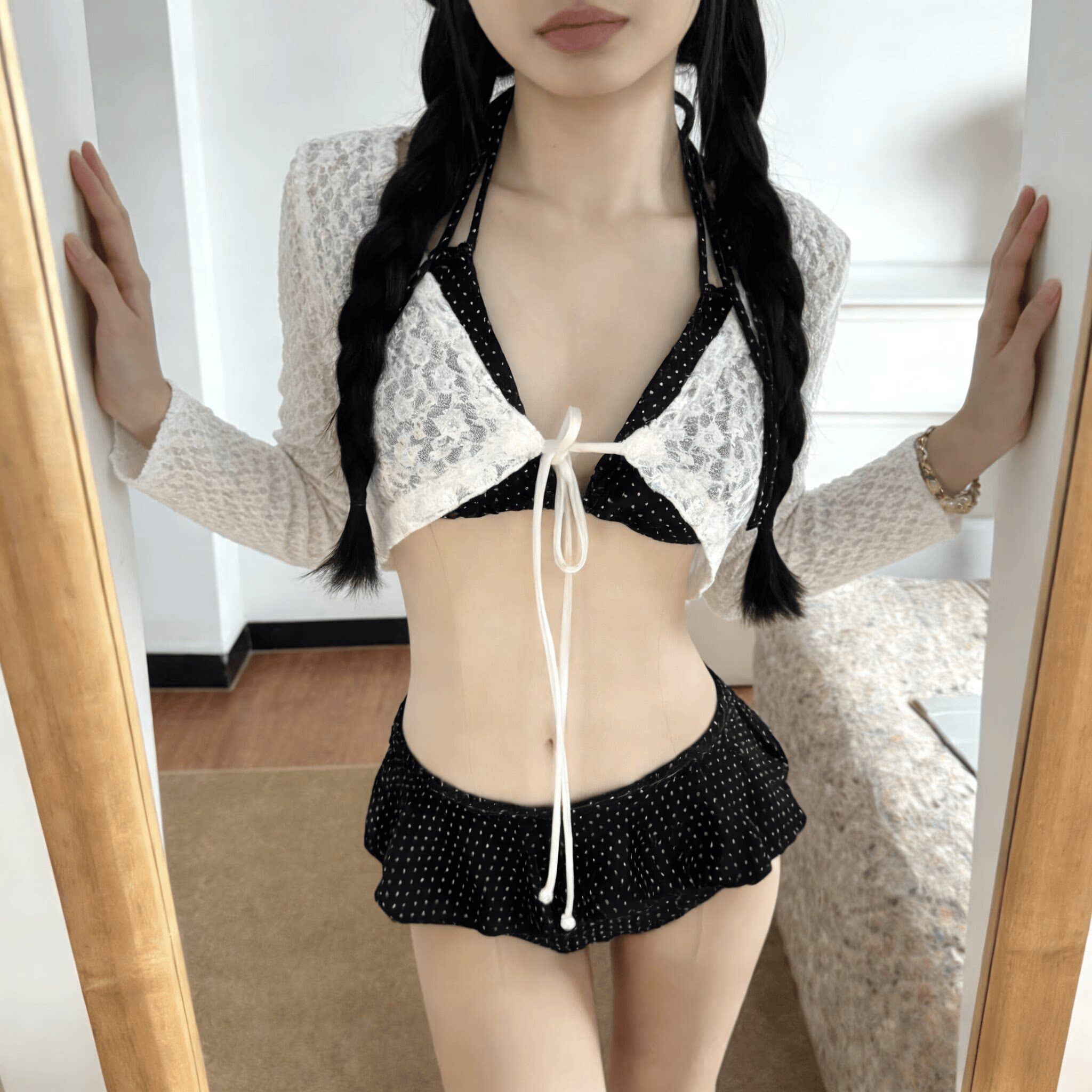 小胸性感度假风黑色波点长袖蕾丝罩衫防晒比基尼女系带高级感套装