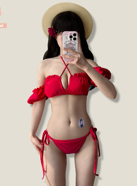 冯提莫同款日系可爱纯欲少女甜美复古性感红色泡泡袖比基尼泳衣女
