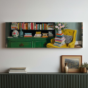 布纸有爱 书阶花语 复古怀旧静物装饰画书房横版挂画原创单幅壁画