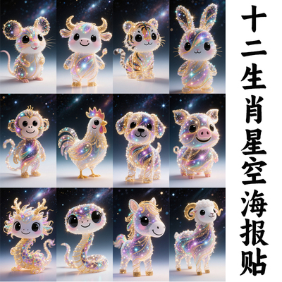 国潮趣味十二生肖汽车墙面海报贴纸划痕个性唯美卡通摩托电动车贴