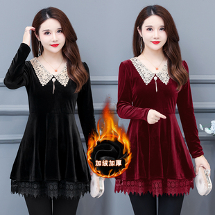 金丝绒大码女上衣2025秋冬新款收腰显瘦打底衫中长款加绒妈妈女装