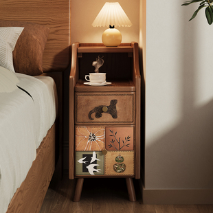实木床头柜胡桃木色20cm超窄床边柜小型边几柜中古风极窄夹缝柜子
